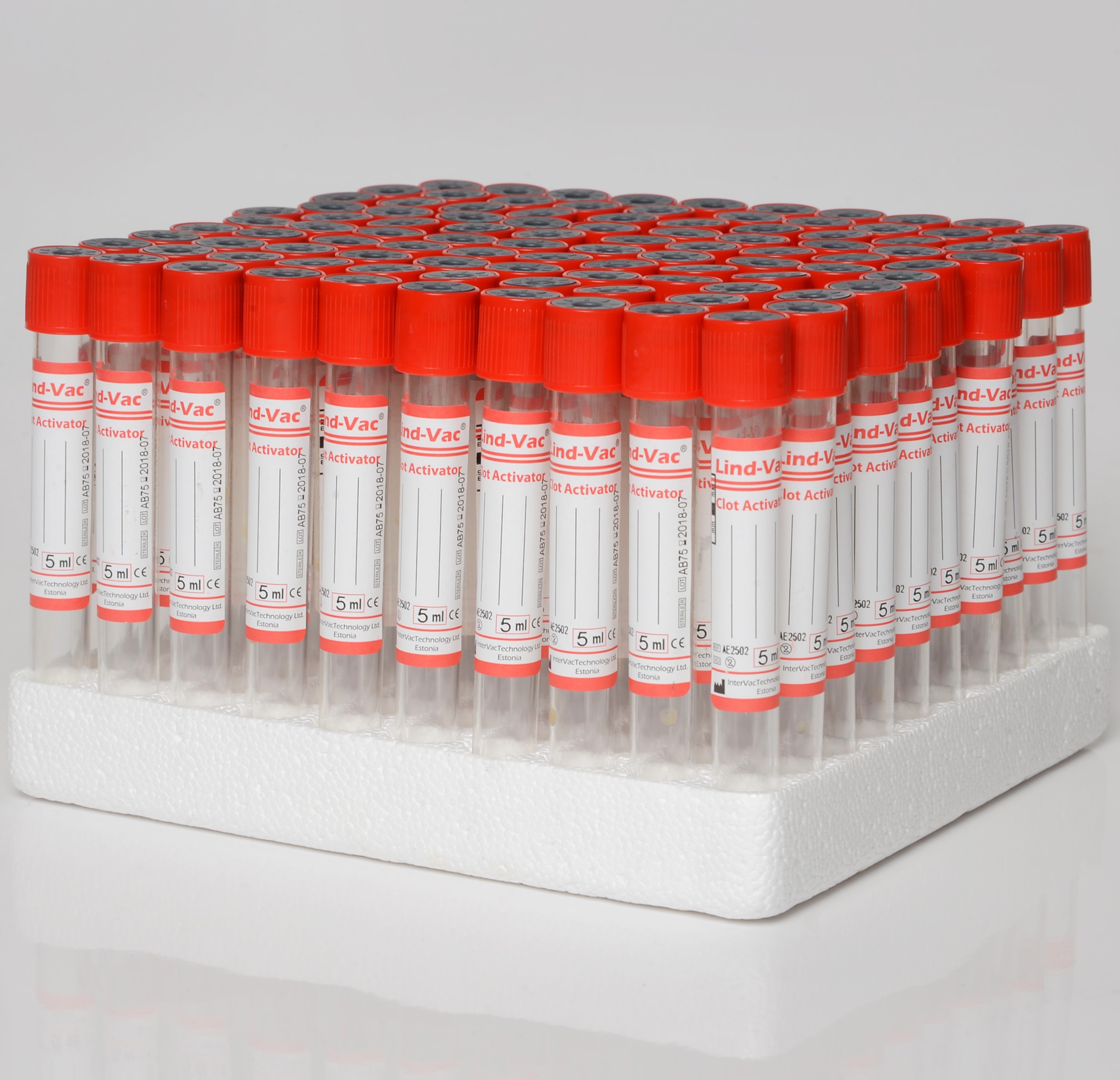 Вакуумна пробірка Lind-Vac® 13x100 мм, Активатор згортання, 7 мл, червона кришка, стерильна, етикетка з подвійним кодом